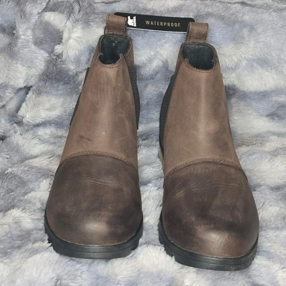 NWT Sorel Waterproof Emelie Brown Leather Ankle Boots w/ elasticized gores US 7 - Picture 4 of 8